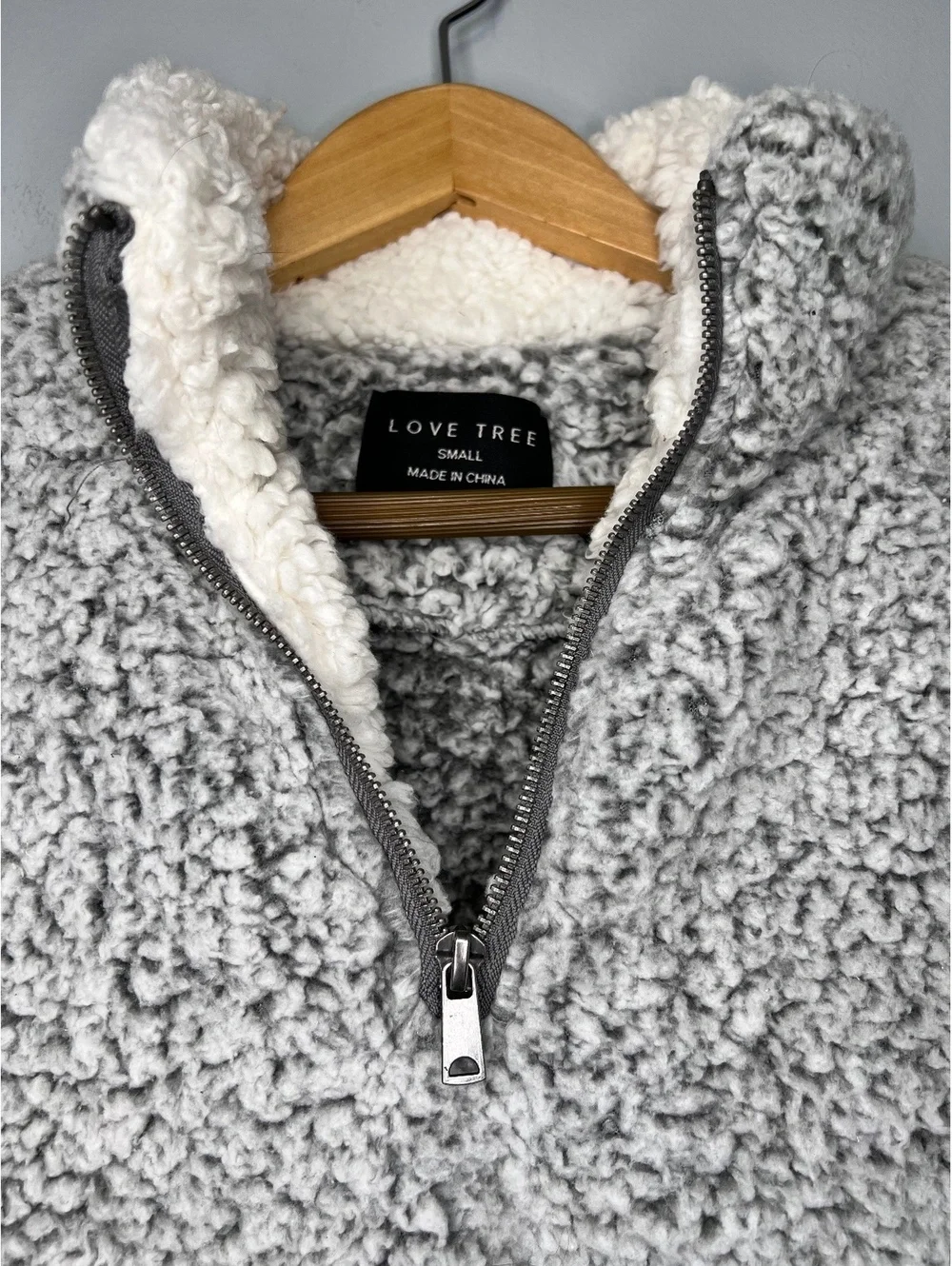 Love Tree Fleece Sherpa Quarter Zip Pullover Jacket Womens Small Gray Faux Fur